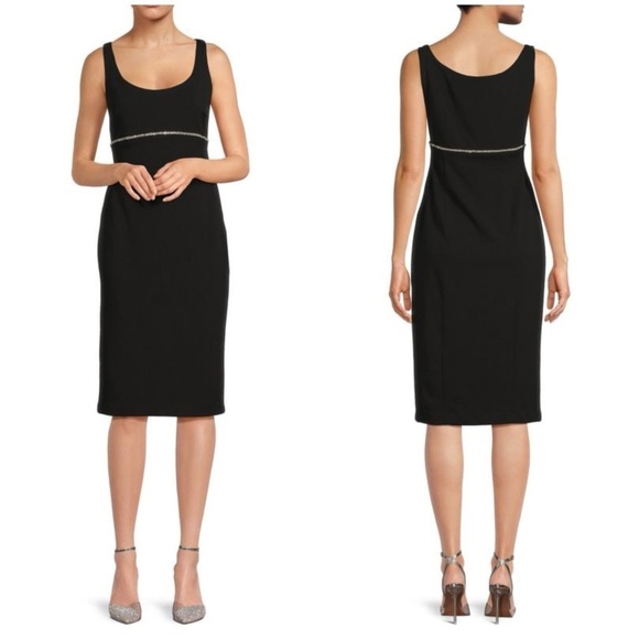 Calvin Klein Embellished Scoopneck Dress Black Rhinestone Crystal Empire Sz 2 - Picture 1 of 16